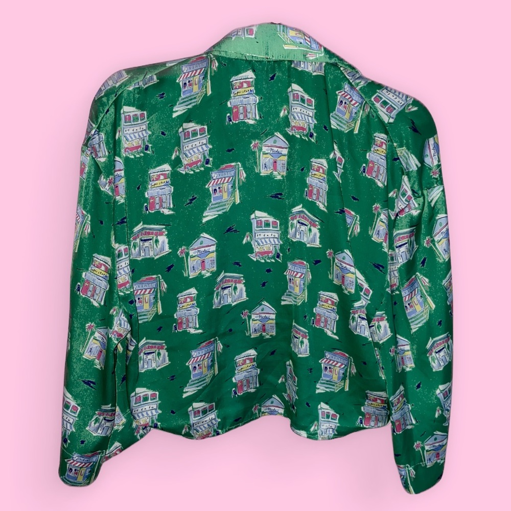 Zara Vintage 90s Style Medium Green Retro Graphic Satin 3/4 Sleeve Summer Top - Picture 4 of 6